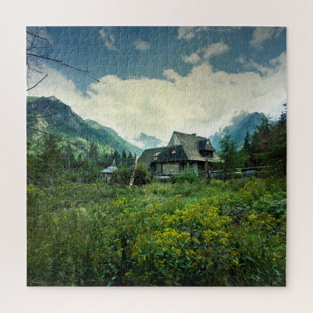 Holzhaus, Berglandschaft. Puzzle (Vertikal)
