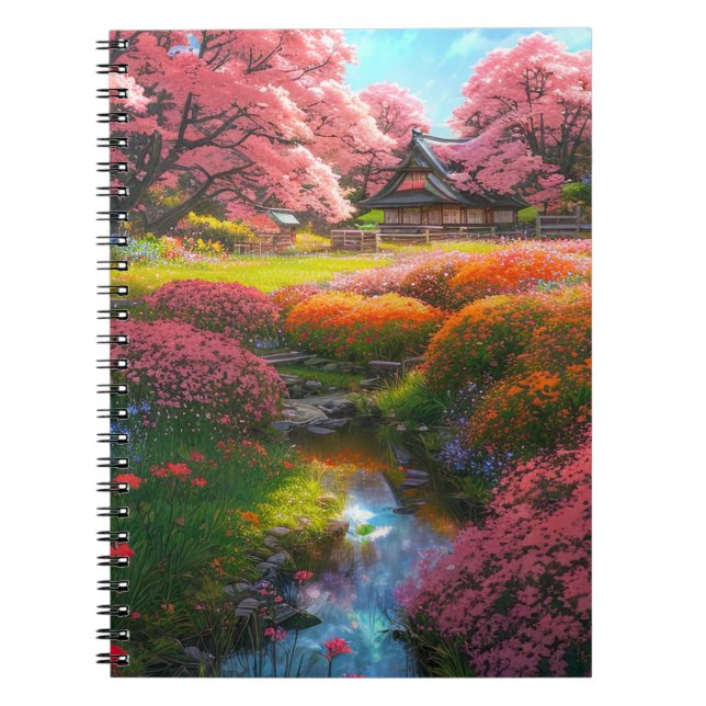 Holzhaus umrahmt von einem farbenfrohen Garten Notizblock (Vorderseite)