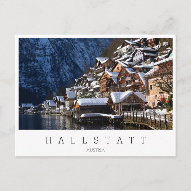 Holzhäuser am Seeufer in Hallstatt, Österreich Postkarte (Vorderseite)