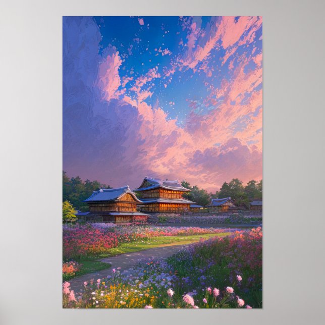 Holzhäuser und farbenfrohe Blumen bei Sonnenunterg Poster (Vorne)