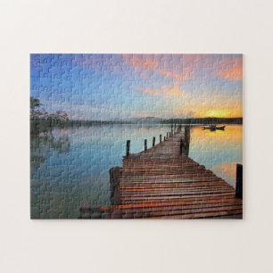 Holzheck-Seascape in farbenfrohen Sonnenuntergang Puzzle
