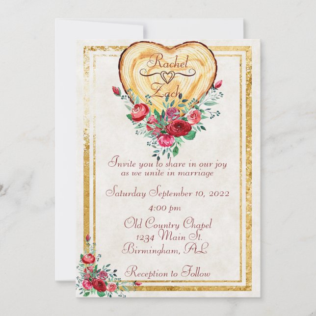 Holzherz und Rose Liebe Hochzeit Einladung (Vorderseite)