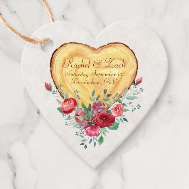 Holzherz und Rose Liebe Land Geschenkanhänger (Vorderseite)