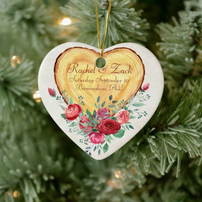 Holzherz und Rose Liebe Land Keramik Ornament (Baum)