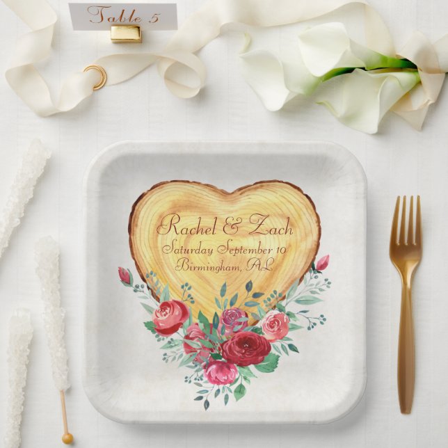 Holzherz und Rose Liebe Land Pappteller (Hochzeit)