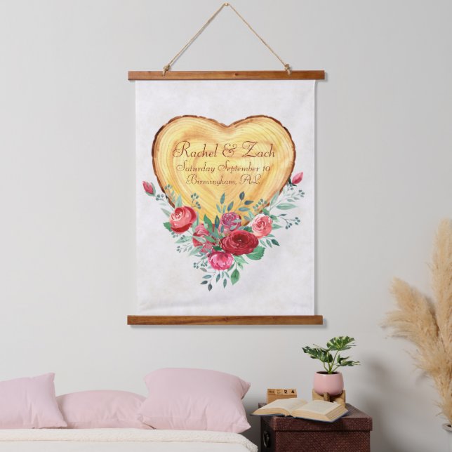 Holzherz und Rose Liebe Land Wandteppich Mit Holzrahmen (Schlafzimmer)
