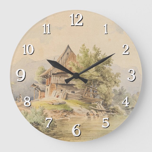 Holzhütte am See - Carl Lafite Große Wanduhr (Vorderseite)