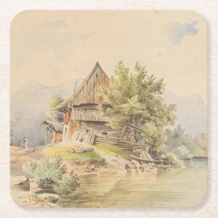 Holzhütte am See - Carl Lafite Rechteckiger Pappuntersetzer
