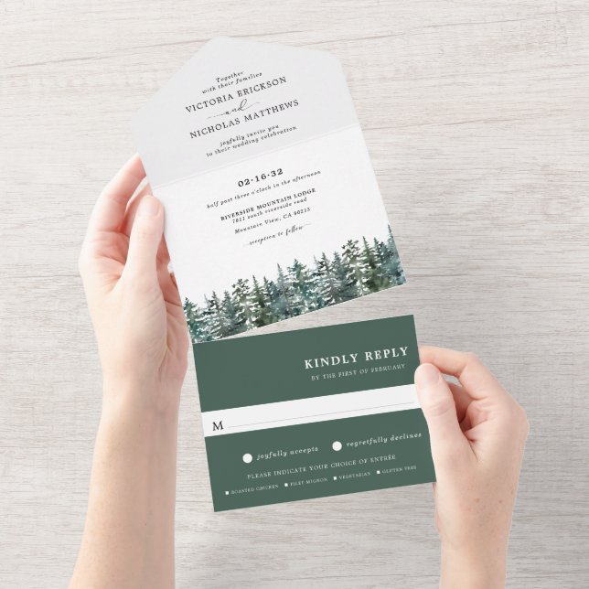 Holzhütte | Winterfarbenhochzeit All In One Einladung (Abreißtisch)