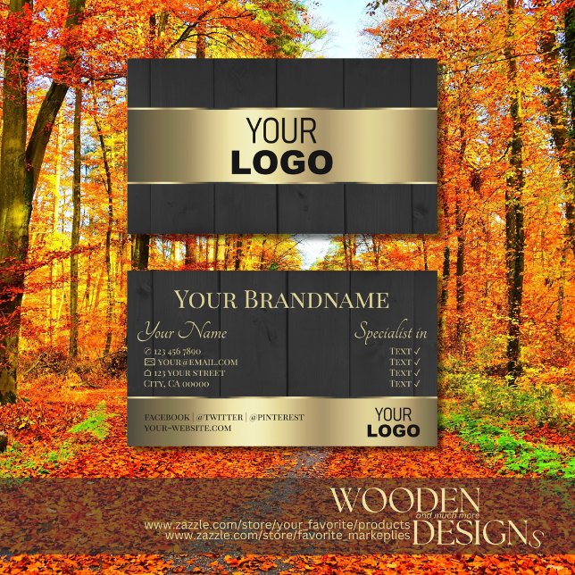 Holzkarten Schwarz-Holz-Körner-Logo und Gold-Dekor Visitenkarte (Von Creator hochgeladen)