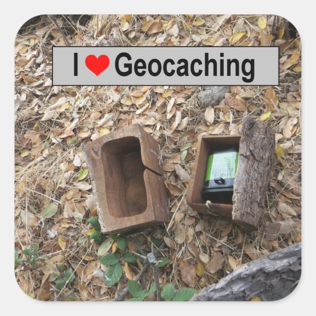 Holzkastenverstecken: Geocaching Quadratischer Aufkleber (Vorderseite)