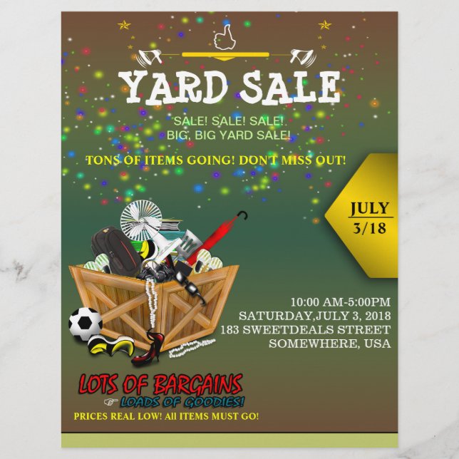 Holzkiste voll mit Goodies Yard Sale Flyer (Vorne)
