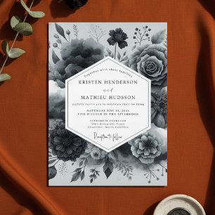 Holzkohle-Blumen-Hochzeit-Romantik Einladung