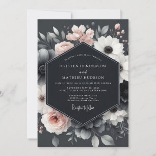 Holzkohle-Blush-Blüten-Eleganz-Hochzeit Einladung