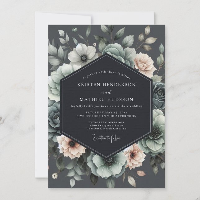 Holzkohle-Gedämpfte-Anemone-Hochzeit Einladung (Vorderseite)