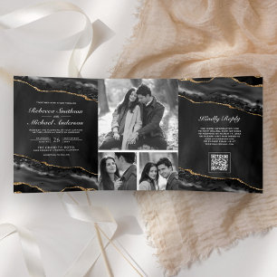 Holzkohle-Gold-Achat-Foto-Collage-QR-Code-Hochzeit Dreifach Gefaltete Einladung