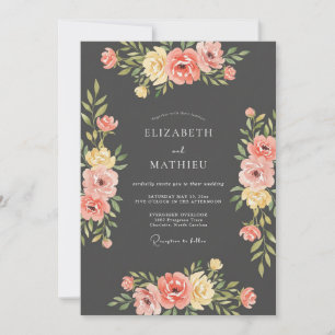 Holzkohle-Korallen-Ranunculus-Eukalyptus-Hochzeit Einladung