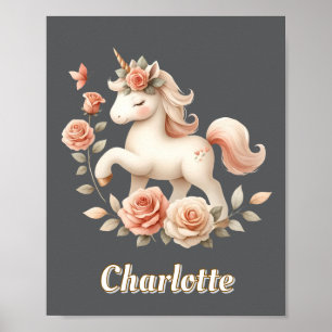 Holzkohle-Launenhaftes-Pastell-Einhorn mit Rosen Poster