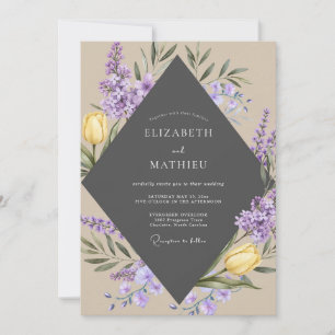 Holzkohle-Lila-Tulpen-Eukalyptus-Hochzeit Einladung