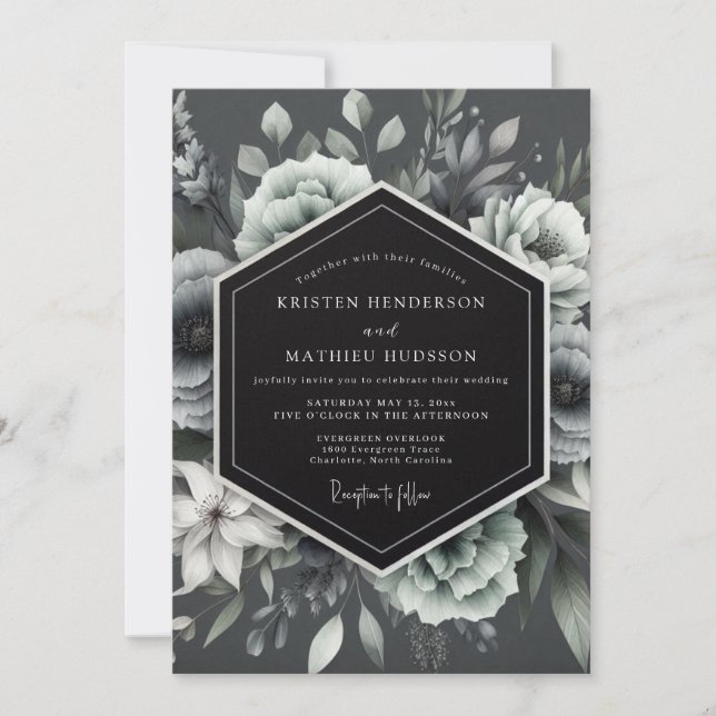 Holzkohle Mondbeglückte Flora Hochzeit Einladung (Vorderseite)