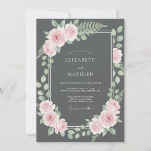 Holzkohle-Rosa-Farn-Hochzeit Einladung