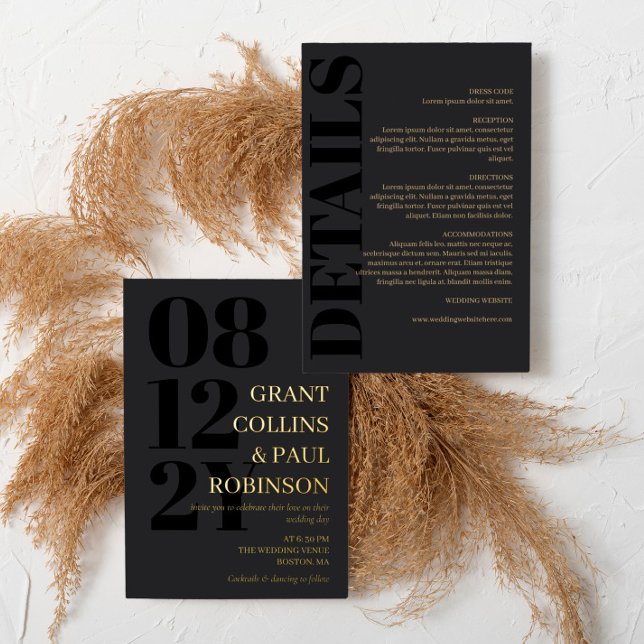 Holzkohle Schwarz & Gold Typografie 2 in 1 Hochzei Folieneinladung (Von Creator hochgeladen)