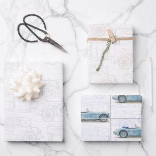 Holzkohle Taupe & Schiefer   Vintage Car Toile de  Geschenkpapier Set