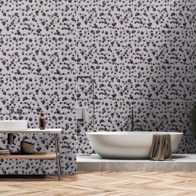Holzkohle, violette und graue Punkte Tapete (Badezimmer)