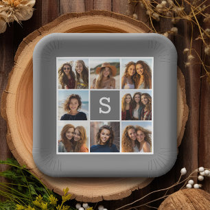 Holzkohle Weiß 8 Foto-Collage Eigenes Monogramm Pappteller