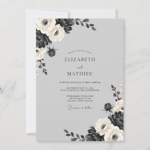 Holzkohle Weiße Blüten Hochzeit Einladung