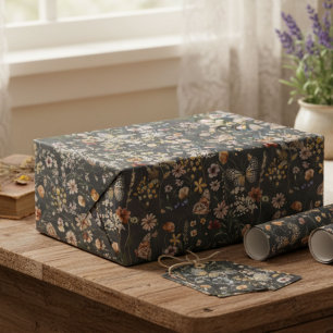 Holzkohlegrau Boho-Aquarell-Wildblumen  Geschenkpapier