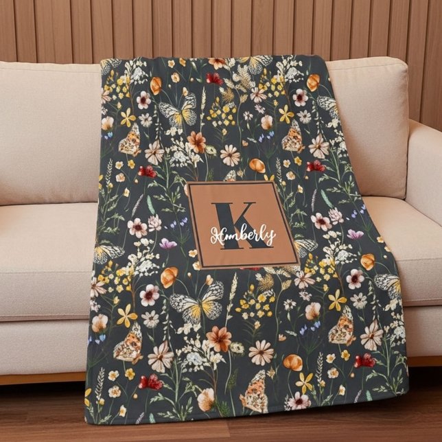 Holzkohlegrau Boho Blumen Monogramm Fleecedecke (Von Creator hochgeladen)