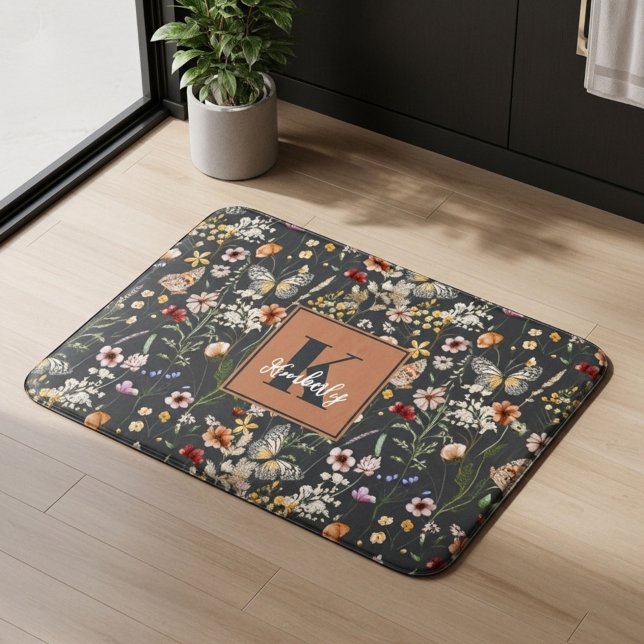 Holzkohlegrau Boho Floral Monogramm Badematte (Von Creator hochgeladen)
