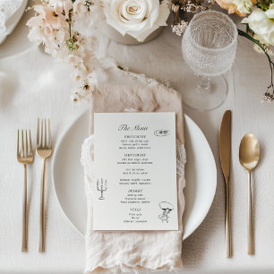 Holzkohlegrau illustriertes Hochzeitsmenü Menükarte