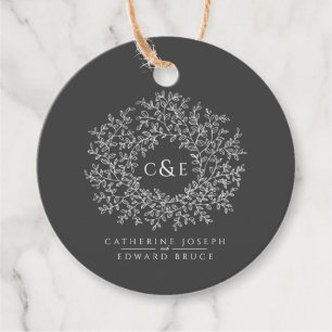 Holzkohlegrau Monogramm Blätter Kunst Hochzeit ind Geschenkanhänger