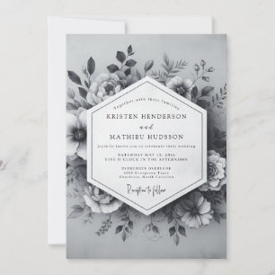 Holzkohlegraue zeitlose botanische Hochzeit Einladung