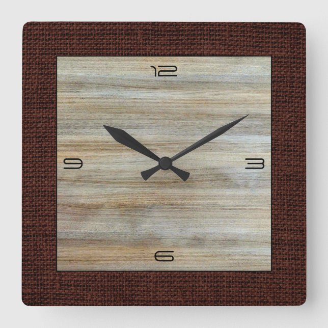 Holzkörner Moderner Burlap Border Quadratische Wanduhr (Vorderseite)