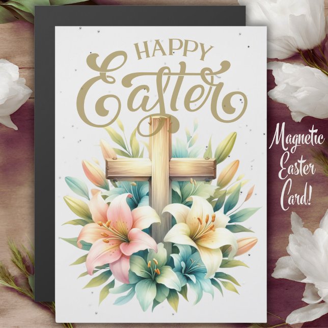 Holzkreuz mit Lilie Christliches Ostern Magnetkarte (Wooden Cross With Lilies Custom Christian Magnetic Easter Card.)