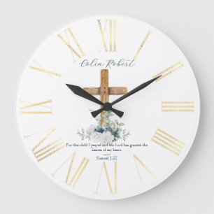 Holzkreuz Weiße und blaue Blumen Bibelvers Große Wanduhr