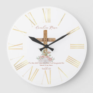 Holzkreuz Weiße und rosafarbene Blumen Bibelvers Große Wanduhr