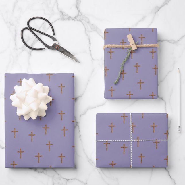 Holzkreuze auf Hellgrau-Purple Geschenkpapier Set (Vorderseite)