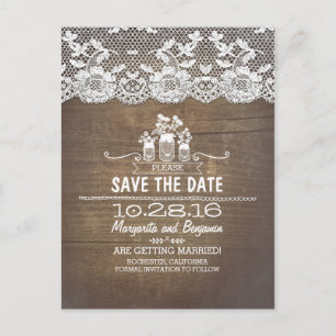 Holzlace und Maurerkirschen rustikal Save the Date Ankündigungspostkarte