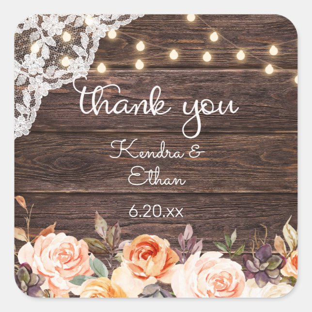 Holzleuchten, Blush & Peach Floral Danke 2 Quadratischer Aufkleber (Vorderseite)