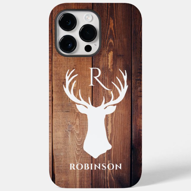 Holzmonogramm anfänglicher rustikaler Hirschantler Case-Mate iPhone Hülle (Rückseite)