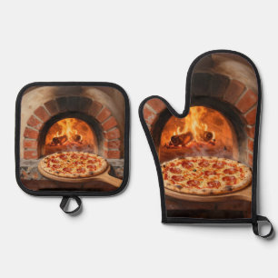 Holzofen-Peperoni-Pizza Rustikal Italienisch Ofenhandschuh & Topflappen-Set