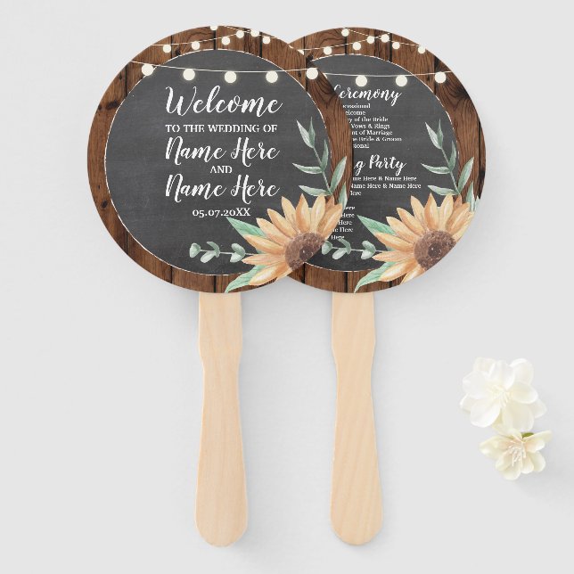 Holzofen Sonnenblumen Hochzeitsprogramm Hand Fan Fächer (Vorne und Hinten)