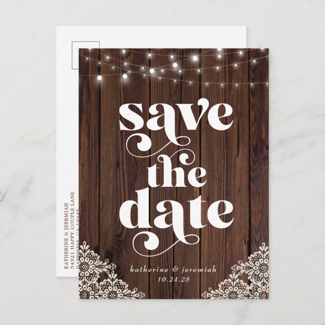 Holzofenleuchten Hochzeitslicht speichern Sie das  Ankündigungspostkarte (Vorne/Hinten)