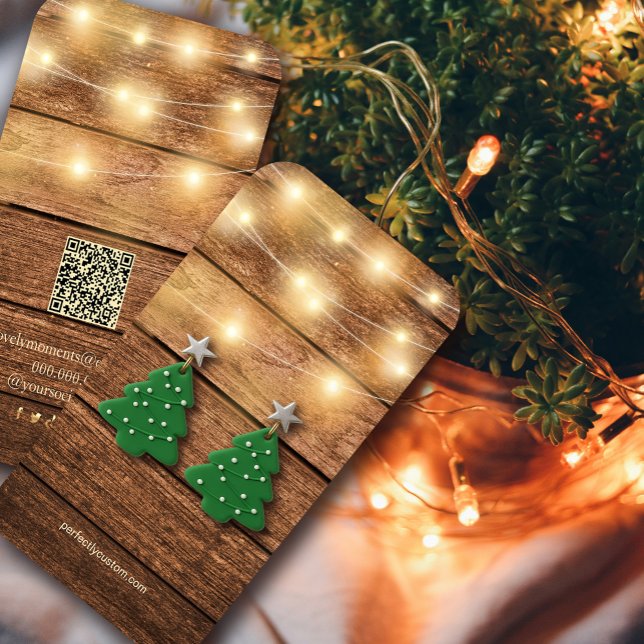 Holzohrkarte mit Leuchten Visitenkarte (Wooden Earring Card with Lights #zazzlemade #woodtexture#festivedisplay#holidaypackaging#warmlight)