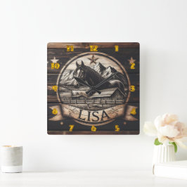 Holzpferde mit Berglandschaft Quadratische Wanduhr