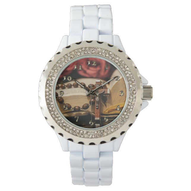 Holzrosary mit Jesus am Kreuz Armbanduhr (Vorderseite)